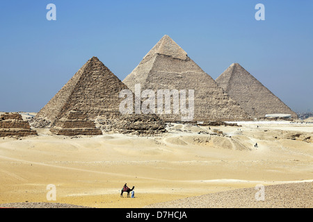 I driver di cammello davanti alle Piramidi di Giza, Cairo, Egitto Nord Africa Foto Stock