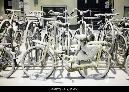 Le biciclette in inverno in Amsterdam Foto Stock