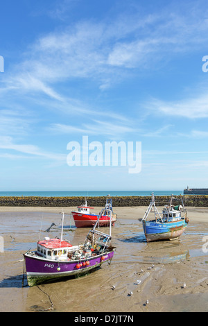 Folkestone harbour a bassa marea con le attività di pesca delle navi in porto Foto Stock