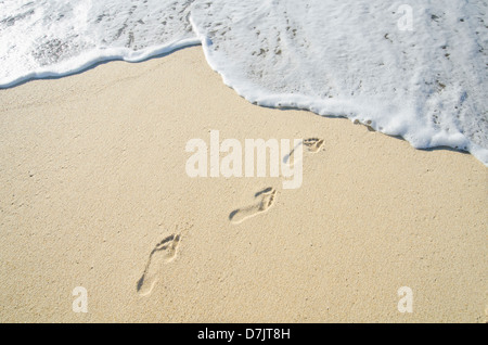 Stati Uniti d'America, Massachusetts, Nantucket, impronte sulla spiaggia sabbiosa che conduce al mare Foto Stock