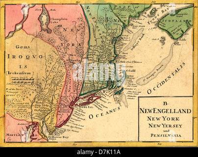 Nuovo Engelland, New York New Yersey und Pensilvania.Map1759 New England New York New Jersey Pennsylvania Iroquois Territorio Foto Stock