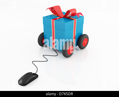 Concettuale per molti utilizzano,blu e rosso scatola regalo covoy su ruote isolato su bianco Foto Stock