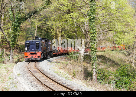 Una locomotiva a vapore tirando un treno merci sul Welsh Highland linea ferroviaria, Galles Foto Stock