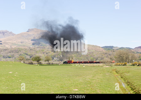 Una locomotiva a vapore tirando un treno merci sul Welsh Highland linea ferroviaria, Galles Foto Stock