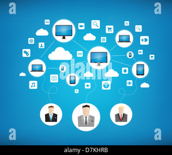 Il vettore grafico concetto di alcuni proprietari utilizzando il cloud computing di rete per il lavoro di squadra con nuovi moderni dispositivi di tecnologia Foto Stock