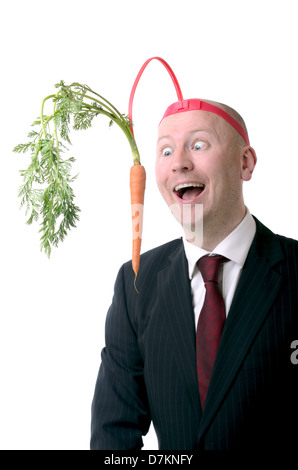 Auto-motivazione di pendeva una carota su un bastone isolato su bianco Foto Stock