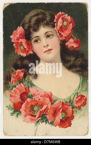 Cartolina illustrata della ragazza giovane e carina che indossa poppies in i suoi capelli e intorno al suo collo, U.K. - Pubblicato in aprile 1913 Foto Stock