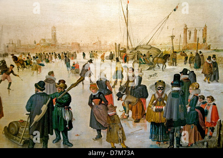 Godendo il ghiaccio vicino a una città, Hendrick Avercamp, 1620 vernice ad olio 47 x 89cm olandese, i Paesi Bassi. Foto Stock