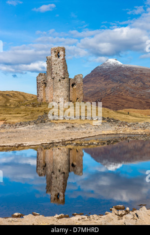 Il castello di Ardvreck castello in rovina risalente al XVI secolo, Loch Assynt in Sutherland, North West Highland, Scozia Foto Stock