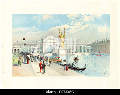 Una vista della Grand Court alla Fiera Mondiale di Chicago del 1893, conosciuta come esposizione Mondiale Colombiana. L'immagine mostra la Statua della Repubblica, una caratteristica centrale della fiera, e l'iconica città Bianca, l'area espositiva principale della fiera. Foto Stock
