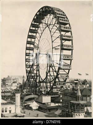Un'immagine storica della ruota panoramica alla Fiera Mondiale di Chicago del 1893, conosciuta come esposizione Mondiale Colombiana, che illustra l'attrazione iconica della città Bianca. Foto Stock