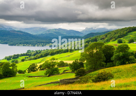 Vista da Wansfell di Loughrigg cadde e Windermere nel distretto del lago vicino a Ambleside, Cumbria, Inghilterra. Foto Stock