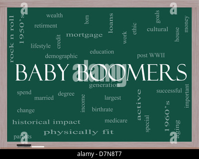 Baby Boomer parola concetto Cloud su una lavagna con grande termini come generazione, più grande, demografici e di più. Foto Stock