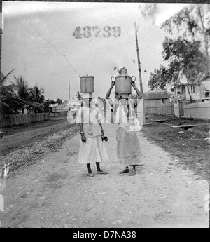 Nella Guyana Britannica (ora Guyana), due donne vengono fotografate portando caraffe metalliche sulla testa, riflettendo i metodi tradizionali di trasporto dell'acqua nelle zone rurali del Sud America durante gli anni '1920 Foto Stock