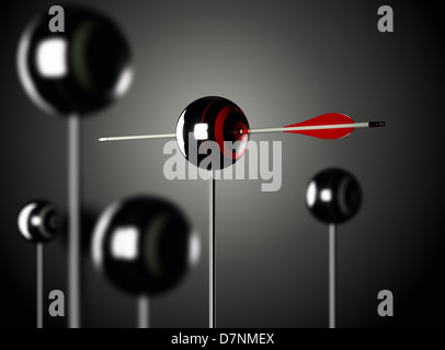 Una freccia rossa foratura di una a forma di sfera mouted bersaglio su un palo, sfondo nero, effetto di sfocatura3d illustrazione di rendering Foto Stock