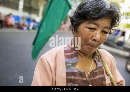 Bangkok, Tailandia. Maggio 11, 2013. Un Thai manifestanti preleva le bandiere verdi del P-Move organizzazione. Diverse centinaia di piccola famiglia di scala gli agricoltori si sono accampate a ''Government House'' (l'ufficio del Primo Ministro a Bangkok alla pressione Primo Ministro tailandese Shinawatra Yingluck per offrire su di lei promette di migliorare la situazione della famiglia di agricoltori. Per il popolo€™s movimento per una società giusta (P-move) è un'organizzazione di rete il cui obiettivo è rafforzare la voce dei diversi ma cause relative al lavoro per portare la giustizia per gruppi emarginati in Thailandia, compresi i diritti alla terra per su piccola scala Foto Stock