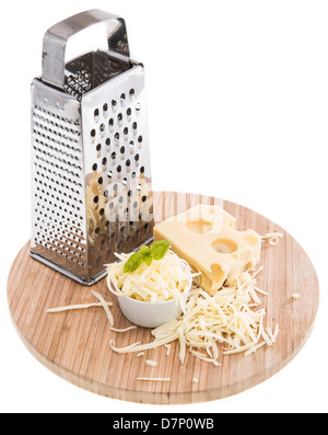 Con Emmental Grattuggia formaggio isolato su sfondo bianco Foto Stock