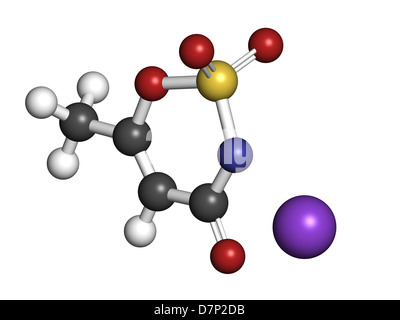 Acesulfame edulcorante artificiale, modello molecolare. Acesulfame è utilizzato principalmente come suo sale di potassio (acesulfame-K). Foto Stock