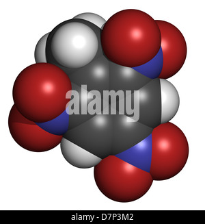 Il trinitrotoluene (TNT) esplosivi molecola, struttura chimica. Gli atomi sono rappresentati come sfere convenzionale con codifica a colori Foto Stock