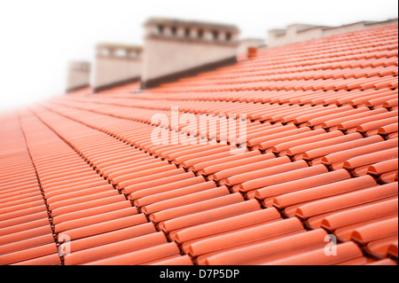 File di tegole rosse tetto con camini Foto Stock