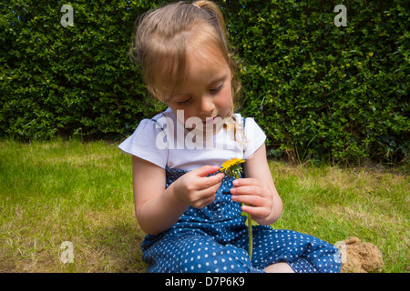 4 anno vecchia ragazza seduta nel giardino, picking petali di un fiore. Foto Stock