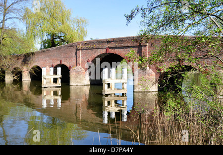 Berks - Sonning on Thames - Ponte Vecchio - brick - 11 arcate al di là del fiume - XVIII sec. - Luce solare - cielo blu - riflessioni Foto Stock