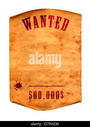 Vintage manifesto wanted con bordo arrotolato su sfondo bianco Foto Stock