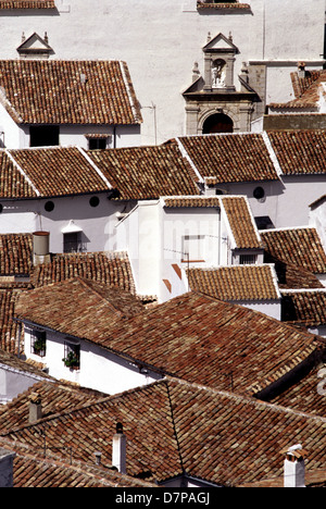 Pitturato di bianco tipico villaggio con canna tegole del tetto in Pueblos Blancos regione Arcos de la Frontera in Andalusia comunità autonoma nel sud della Spagna Foto Stock