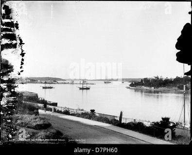 Questa fotografia mostra la vista dal dominio verso Garden Island a Sydney, catturando il vivace porto, le navi e le aree circostanti. L'immagine evidenzia la presenza navale a Garden Island e la bellezza panoramica del porto. Foto Stock