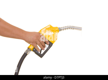 Maschio lato sprecare gas con pompa giallo isolato su bianco Foto Stock