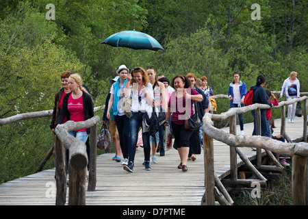 I turisti che esplorano le cascate e i laghi del Parco Nazionale dei Laghi di Plitvice, patrimonio dell'umanità dell'UNESCO, in Croazia, a maggio Parco Nazionale di Plitvice Foto Stock