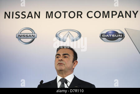 10 maggio 2013 - Yokohama, Giappone - Nissan Motor Corp. CEO Carlos Ghosn parla durante una conferenza stampa tenutasi presso la società di sede a Yokohama, in Giappone il 10 maggio 2013. (Credito Immagine: © Junko Kimura/Jana premere/ZUMAPRESS.com) Foto Stock