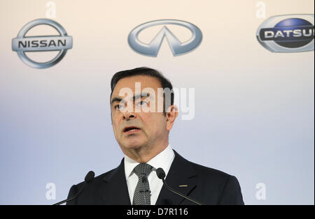 10 maggio 2013 - Yokohama, Giappone - Nissan Motor Corp. CEO Carlos Ghosn parla durante una conferenza stampa tenutasi presso la società di sede a Yokohama, in Giappone il 10 maggio 2013. (Credito Immagine: © Junko Kimura/Jana premere/ZUMAPRESS.com) Foto Stock