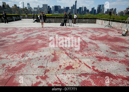 New York, NY, STATI UNITI D'AMERICA. 13 Maggio, 2013. Una larga scala di sito-specifica opera d'arte da Imran Qureshi artista noto per il suo stile unico della combinazione di motivi, simbologia, e tecniche ornamentali di arte islamica con i moderni approcci concettuali - è il 2013 installazione sul diaframma e B. Gerlad Cantor Roof Garden al Metropolitan Museum of Art, apertura Maggio 14th. Autorizza il giardino sul tetto commissione: Imran Qureshi, il progetto rappresenta l'artista della risposta emotiva alla violenza che si verificano in tutto il mondo negli ultimi decenni e la sua fervida speranza per la rigenerazione e una pace duratura in seguito Foto Stock