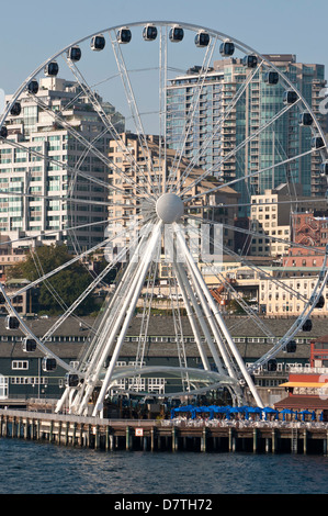 Stati Uniti d'America, WA, Seattle. Drammatico sul lungomare del centro di Seattle grande ruota sul Molo 57 Foto Stock