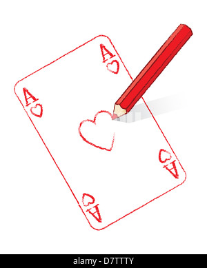 Red disegno a matita asso di cuori carte da gioco Foto Stock