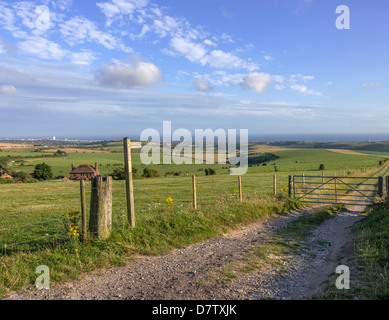 Vista dal South Downs modo sentiero con Brighton in distanza, Sussex England, Regno Unito Foto Stock