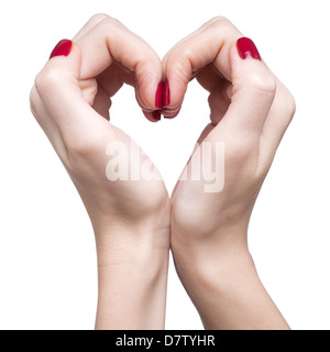 Mani con donna rosso professionale unghie manicure isolato su bianco Foto Stock