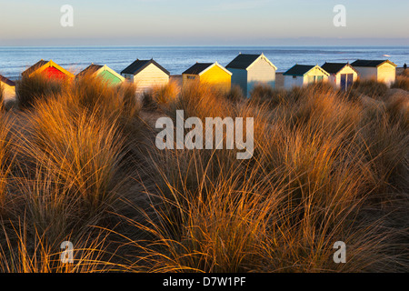 Cabine sulla spiaggia, in mezzo alle dune di sabbia, Southwold, Suffolk, Inghilterra, Regno Unito Foto Stock