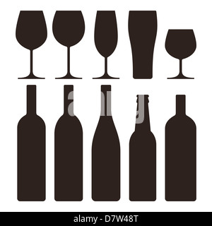 Le bottiglie e i bicchieri impostato Foto Stock