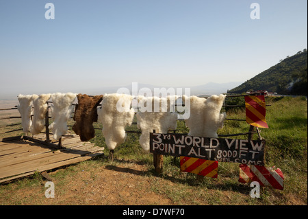 Sheepskins accanto al "terzo mondo viewpoint' segno, Mount Longonot National Park, Nakuru, Kenya Foto Stock