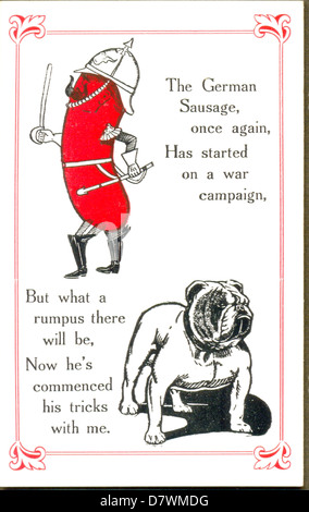 La guerra mondiale una cartolina cartoon di Kaiser Wilhelm II e British bulldog Foto Stock
