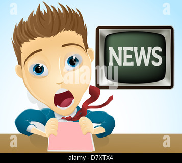 Una illustrazione di un cartoon scioccato TV presentatore notizie Foto Stock