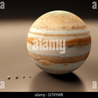 Un reso il confronto delle dimensioni del pianeta Giove e le sue quattro lune più grandi Ganimede, Callisto, Io e Europa. Foto Stock