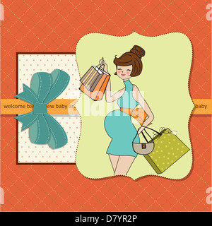 Annuncio baby card con bella donna incinta sul carrello Foto Stock