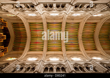 Soffitto colorati della cattolica Cattedrale Almudena Santa Maria la Real de La Almudena di Madrid in Spagna, Europa Foto Stock