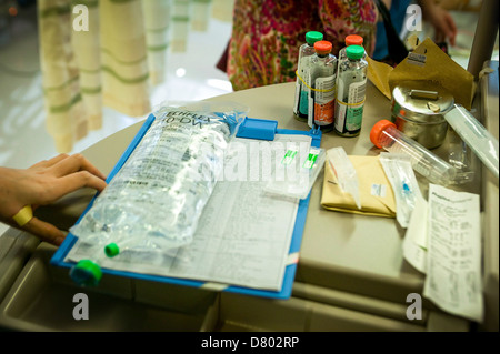 Lattato di sodio, noto anche come Hartmann la soluzione è preparata per infusione endovenosa su un corso intensivo di unità. Foto Stock