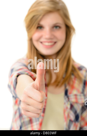 Giovane ragazza sorridente che mostra pollice in alto isolato su sfondo bianco Foto Stock