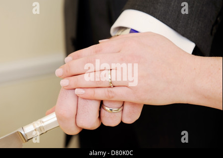 Sposa e lo sposo primo piano delle mani che mostra gli anelli di torta di taglio Foto Stock