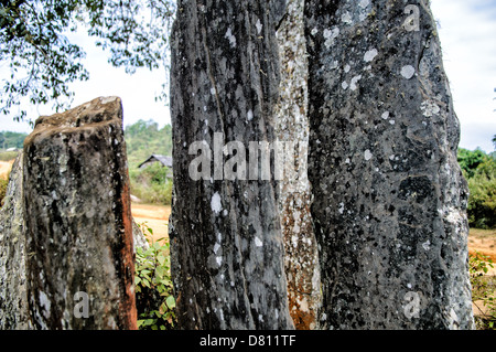 SAM NEUA, Laos - i menhir (pietre permanente) o Hintang, vicino a Sam Neua, nel nord-est del Laos. L'origine delle pietre e la pietra rotonda copre è sconosciuto, ma che si presume siano legate ai rituali di sepoltura, simile alla pietra vasi in pianura dei vasi. Le pietre sono state dapprima studiato da Madeleine Colani, un archeologo francese, negli anni trenta del secolo scorso come parte del suo lavoro più ampio sulla pietra megalitico di vasi che dare la pianura di giare il loro nome. Foto Stock